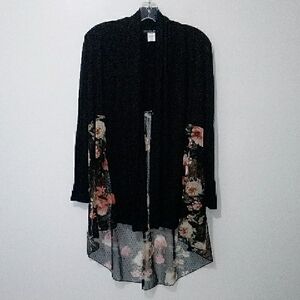 Kim & Cami Black Long Sleeve Cardigan with Sheer Floral Polka-dot Hi-low Trim